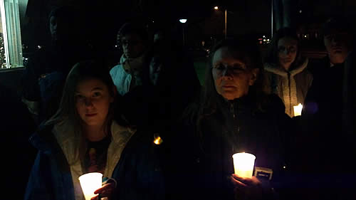 Ashley Roche and Mary Smith representing Girl Scouts of America at the Sandy Hook, CT, Memorial Service at the Library Wednesday