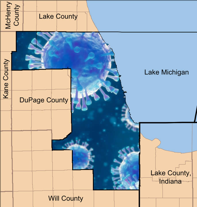 Map of Cook County with COVID backdrop, Delta varian surges.
