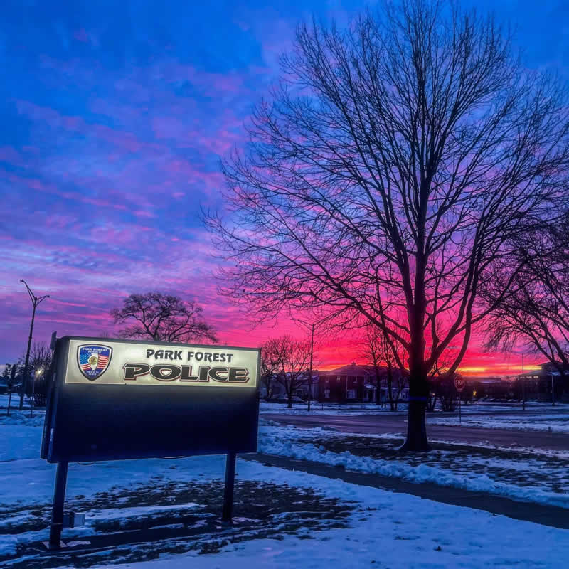 Sunrise outside the Park Forest Police Station