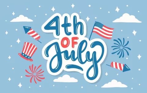 Library in July, Independence Day with flags and fireworks