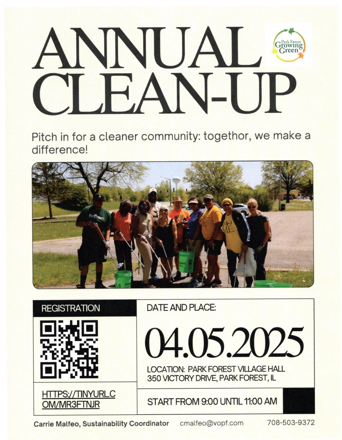 poster with a group of people holding clean-up tools