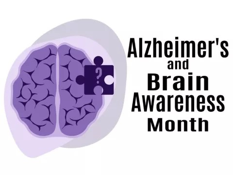 Alzheimer's Awareness, drawing of a brain image with a puzzle piece superimposed