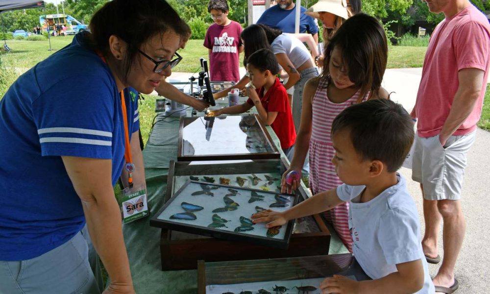 Pollinator Party, Adult and children at an outdoor table.