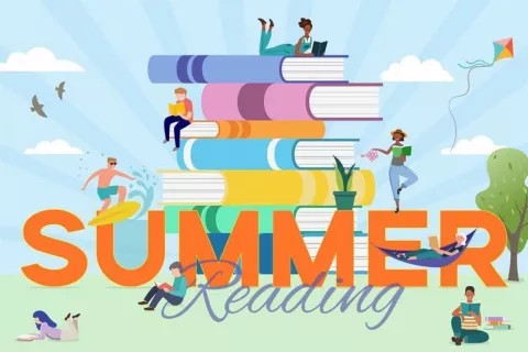drawing of a stack of bucks with characters reading and doing summer activities