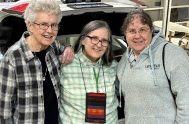 Sister Anita Cleary, Sisters Judith Hilbing (l) and Adele Human, supporting women deported
