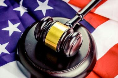 judge's gavel on a flag