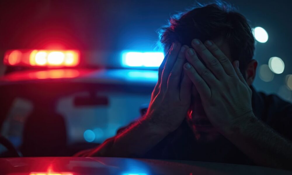 Are you pulling me over? Man covers face in shame, police in background.