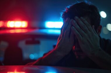 Are you pulling me over? Man covers face in shame, police in background.