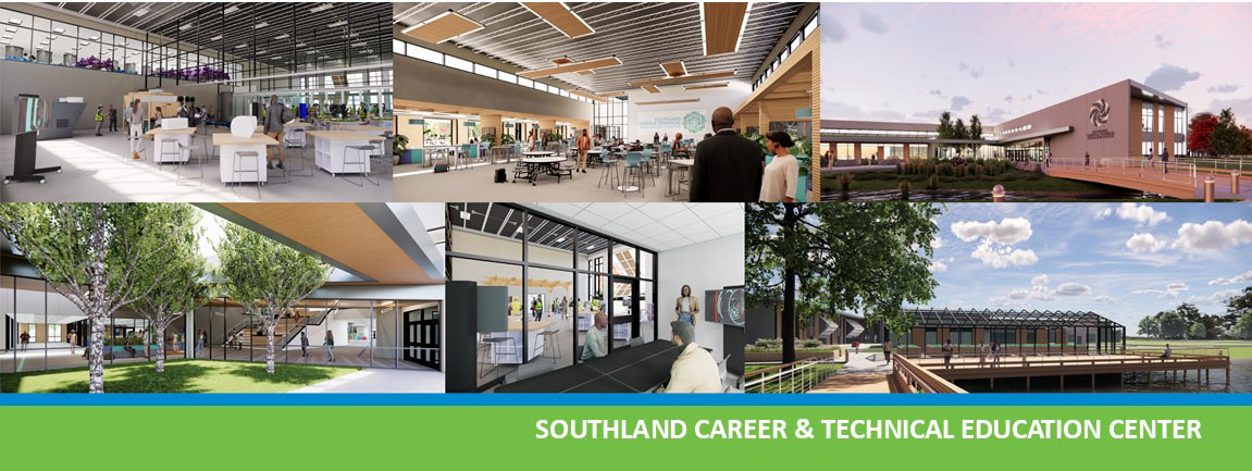 six renderings of a new vocational school