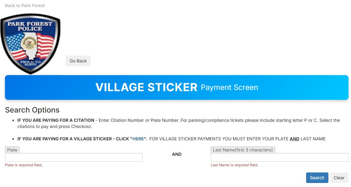 Village of Park Forest Village Sticker payment screen