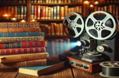 movie projector on a table next to stacks of books