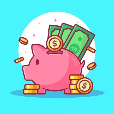 drawing of a piggy bank with money on top and at the bottom