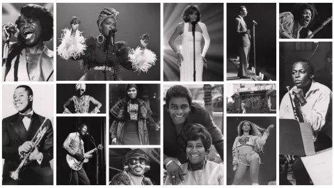 black and white collage of photos of African American musicians