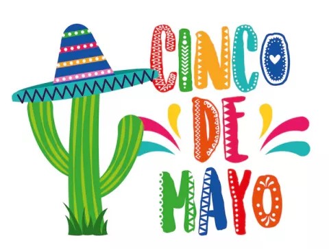 Cinco de Mayo sign next to a drawing of a cactus with a sombrero on top